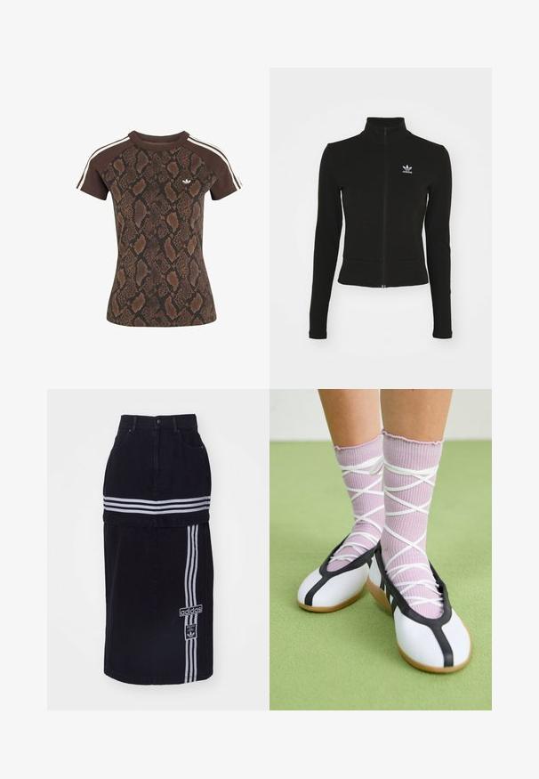 Musta vetoketjullinen takki pitkillä hihoilla, valmistettu teksturoidusta materiaalista, jossa on pieni sininen Adidas-logo vasemmalla rintapielessä.; Ruskea lyhythihainen paita, jossa tumma käärmeen nahkakuosi, yksiväriset ruskeat hihat, joissa valkoiset raidat, ja pieni valkoinen Adidas-logo rinnassa.; Mustat farkuhameet korkea vyötärö, jossa on kaksi valkoista vaakaraitaa, Adidas-logo-tägillä sivussa ja suora leikkaus.; Jalat, joissa on ribbineuloksiset laventelinväriset sukat, joissa on valkoiset ristikkäiset hihnat, yhdistettyinä valkoisiin balettikenkiin, joissa on mustat reunukset vihreällä lattialla.