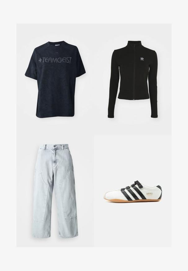 Schwarze Jacke mit Reißverschluss und langen Ärmeln, aus strukturiertem Material, mit einem kleinen blauen Adidas-Logo auf der linken Brust.; Schwarzes T-Shirt mit kurzen Ärmeln aus weichem Stoff, das ein strukturiertes Muster aufweist und mit Strasssteinen verziert ist, die " +TEAMGEIST" buchstabieren.; Helle blaue Denim-Hosen mit weitem Bein, großen Seitentaschen, hohem Bund und lockerer Passform. Abgenutzte Textur mit verwaschenem Finish.; Weißer Adidas-Tokyo-Sneaker mit schwarzen Streifen, schwarzen Klettverschlüssen und Gummisohle, seitlich auf weißem Hintergrund dargestellt.