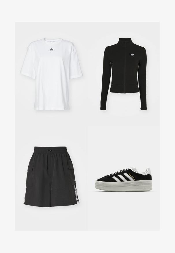 Sort zip-up jakke med lange ærmer, lavet af tekstureret materiale, med et lille blåt Adidas-logo på venstre bryst.; Hvid kortærmet t-shirt lavet af bomuld. Har en rund halsudskæring og et lille sort Adidas-logo på brystet. Lige skåret kant.; Sorte cargo shorts lavet af letvægtsmateriale, med elastisk talje, snor lukning, sidelommer og hvide sidelister.; Sort ruskind sneaker med hvide læderdetaljer, tre hvide striber, flade snørebånd og en tyk grå platformsål. Guldfarvet "Gazelle" branding.