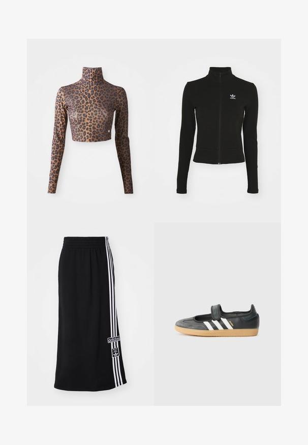 Čierna zipsová bunda s dlhými rukávmi, vyrobená z textúrovaného materiálu, s malým modrým logom Adidas na ľavej hrudi.; Hnedo-čierny crop top s dlhým rukávom so vzorom leopardích škvŕn, s vysokým golierom a hladkou, jemnou textúrou. Diskrétny logový detail na leme.; Čierna atletická sukňa s elastickým pásom, vybavená tromi bielymi pruhmi na jednej strane a nášivkou loga Adidas. Hladká textúra látky.; Čierne kožené a zamšové tenisky s Velcro pásikom, s tromi bielymi pruhmi a gumenou podrážkou, označené nápisom "SAMBA" na boku.