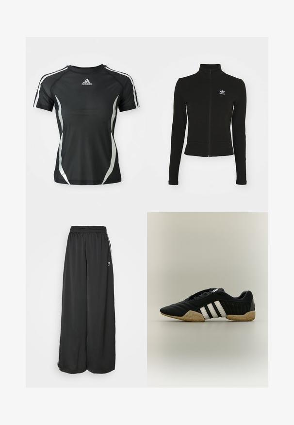 Sort zip-up jakke med lange ærmer, lavet af tekstureret materiale, med et lille blåt Adidas-logo på venstre bryst.; Sort Adidas atletisk T-shirt med korte ærmer, hvide striber på skuldrene og sølvfarvede buede detaljer på siderne.; Sorte løstsiddende træningsbukser lavet af glat stof. Har en elastisk talje og sidelogsstriber med logoaccents.; Sort atletiksko med hvide striber og beige tekstureret sål på en neutral baggrund, vist i sideprofil.