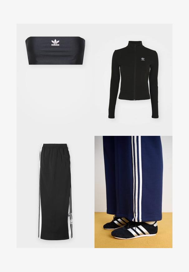 Čierna zipsová bunda s dlhými rukávmi, vyrobená z textúrovaného materiálu, s malým modrým logom Adidas na ľavej hrudi.; Čierny bandeau top vyrobený z hladkej textílie, s bielym logom Adidas umiestneným v strede na prednej strane, bez ďalších vzorov alebo ozdôb.; Čierna dlhá športová sukňa s bielymi bočnými panelmi a čiernymi pruhmi, elastickým pásom a nášivkou s logom Adidas pri spodnom okraji.; Námornícke tepláky s tromi bielymi vertikálnymi pruhmi a čiernymi atletickými topánkami so striebornými pruhmi a textúrovaným povrchom. Žltá podlaha.