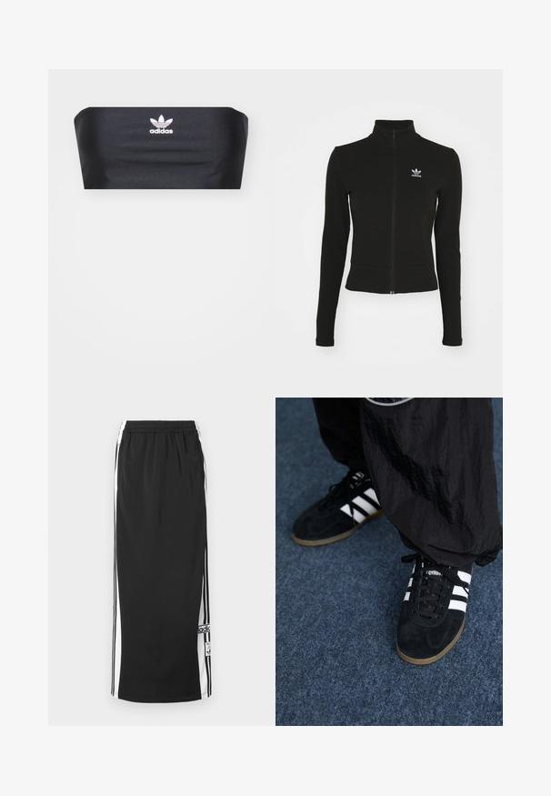 Zwarte zip-up jas met lange mouwen, gemaakt van textuurmateriaal, met een klein blauw Adidas-logo op de linkerborst.; Zwarte bandeau-top van soepel stof, met het witte Adidas-logo gecentreerd aan de voorkant, zonder extra patronen of versieringen.; Zwarte lange sportieve rok met witte zijpanelen en zwarte strepen, elastische tailleband en Adidas logo patch nabij de onderzoom.; Zwarte suède sportschoenen met drie witte strepen en zwarte veters. Een gestructureerde zwarte broek is deels zichtbaar naast de schoenen.