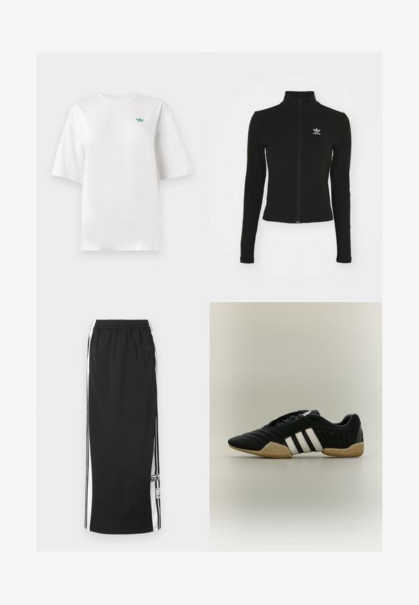 Zwarte zip-up jas met lange mouwen, gemaakt van textuurmateriaal, met een klein blauw Adidas-logo op de linkerborst.; Witte t-shirt van katoen, met korte mouwen en een ronde hals. Een klein groen logo is geplaatst op de linkerborst.; Zwarte lange sportieve rok met witte zijpanelen en zwarte strepen, elastische tailleband en Adidas logo patch nabij de onderzoom.; Zwart sportief schoen met witte strepen en beige getextureerde zool op een neutrale achtergrond, weergegeven in zijprofiel.