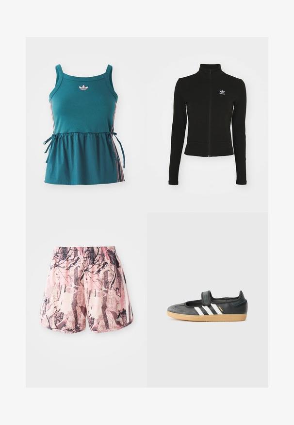 Doudoune noire zippée avec manches longues, fabriquée en matériau texturé, affichant un petit logo Adidas bleu sur la poitrine gauche.; Haut sans manches teal avec taille froncée, rayures latérales roses et logo brodé. Fabriqué en matériau doux avec une coupe décontractée et des accents à nouer.; Shorts roses et marron à motif, avec une taille élastique et des rayures latérales, présentant un design graphique ressemblant à du feuillage et des branches.; Sneaker en cuir noir et suède avec une sangle Velcro, arborant trois bandes blanches et une semelle en caoutchouc, étiqueté "SAMBA" sur le côté.