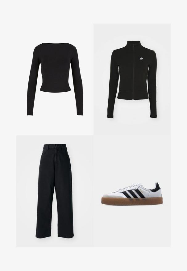 Čierna zipsová bunda s dlhými rukávmi, vyrobená z textúrovaného materiálu, s malým modrým logom Adidas na ľavej hrudi.; Čierny crop top s dlhým rukávom vyrobený z mäkkého a elastického materiálu s jednoduchým, priliehavým strihom a širokým výstrihom. Bez vzorov alebo ozdôb.; Čierne vysoké nohavice širokého strihu s prednými vreckami a zapínaním na gombík, vystavené na jednoduchom bielom pozadí.; Biele kožené tenisky s čiernymi pruhmi, gumová podrážka, okrúhla špička, šnurovanie a mäkký sivý semišový špička.