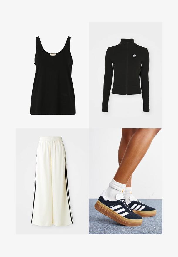 Schwarze Jacke mit Reißverschluss und langen Ärmeln, aus strukturiertem Material, mit einem kleinen blauen Adidas-Logo auf der linken Brust.; Schwarzes ärmelloses Tank Top aus weichem Baumwollmaterial, mit einem runden Ausschnitt und lockerer Passform, ohne sichtbare Muster oder Hardware-Details.; Weiße weite Hosen mit elastischem Bund und schwarzen vertikalen Streifen an den äußeren Nähten.; Beine mit weißen Socken und schwarzen Adidas Gazelle Sneakers mit weißen Streifen und dicken braunen Sohlen auf einem grauen Teppichboden.