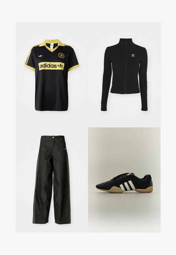 Čierna zipsová bunda s dlhými rukávmi, vyrobená z textúrovaného materiálu, s malým modrým logom Adidas na ľavej hrudi.; Čierny športový dres s žltými akcentmi, s pruhovaným dizajnom, v golieri vo forme písmena V a s logom adidas zreteľne zobrazeným na hrudi.; Čierne riflové nohavice s širokými nohavicami a bielymi pruhmi po stranách, s prednými vreckami, zapínaním na gombíky a jemným logom blízko pásu.; Čierna športová obuv s bielymi pruhmi a béžovou textúrovanou podrážkou na neutrálom pozadí, zobrazená zo strany.