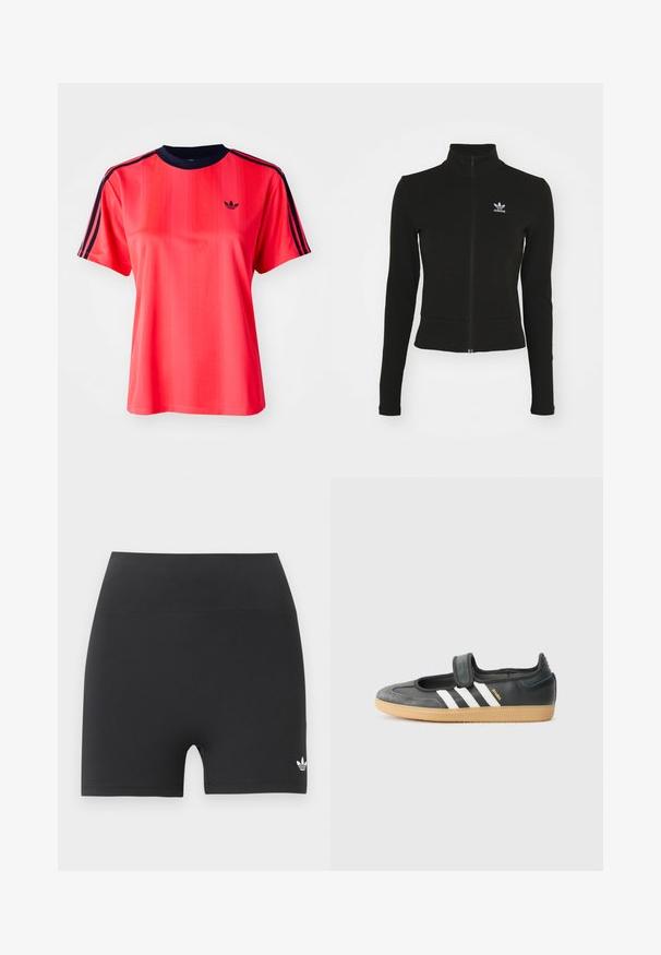 Sort zip-up jakke med lange ærmer, lavet af tekstureret materiale, med et lille blåt Adidas-logo på venstre bryst.; Rød sports t-shirt med korte ærmer, der har lodrette striber, en marineblå rund hals og et lille sort logo på forsiden.; Sorte atletikshorts med høj talje og et lille hvidt Adidas trefoil-logo på det nederste højre ben mod en ensfarvet baggrund.; Sort læder- og ruskinds sneakers med en Velcro-rem, der har tre hvide striber og en gummisål, mærket "SAMBA" på siden.