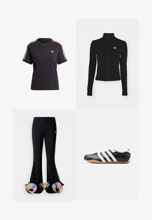Schwarze Jacke mit Reißverschluss und langen Ärmeln, aus strukturiertem Material, mit einem kleinen blauen Adidas-Logo auf der linken Brust.; Schwarzes Baumwoll-T-Shirt mit kurzen Ärmeln und Rundhalsausschnitt, mit weißen Streifen auf den Schultern und einem kleinen weißen Adidas-Logo auf der Brust.; Schwarze Sporthosen mit weit ausgestelltem Design. Sie haben farbenfrohe, gerüschte untere Säume und weiße Seitenstreifen. Hergestellt aus dehnbarem Stoff.; Schwarzer Sneaker mit weißen Streifen und Klettverschlüssen, strukturierter Oberfläche und Sohle aus Gumgummi, seitlich auf weißem Hintergrund gezeigt.