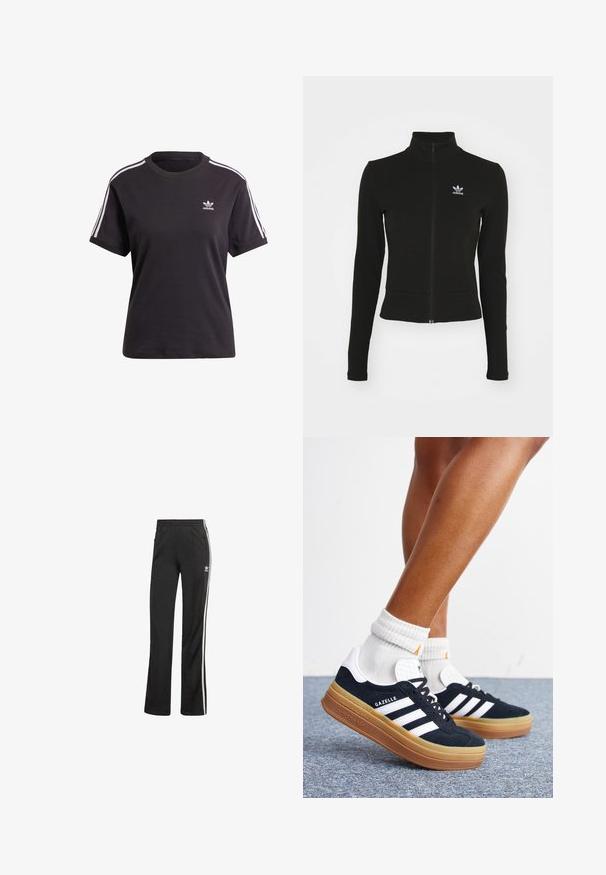 Schwarze Jacke mit Reißverschluss und langen Ärmeln, aus strukturiertem Material, mit einem kleinen blauen Adidas-Logo auf der linken Brust.; Schwarzes Baumwoll-T-Shirt mit kurzen Ärmeln und Rundhalsausschnitt, mit weißen Streifen auf den Schultern und einem kleinen weißen Adidas-Logo auf der Brust.; Schwarze Sporthosen mit lockerer Passform, ausgestattet mit weißen Seitenstreifen und einem elastischen Bund. Enthält ein kleines Logo-Detail an der Seite.; Beine mit weißen Socken und schwarzen Adidas Gazelle Sneakers mit weißen Streifen und dicken braunen Sohlen auf einem grauen Teppichboden.