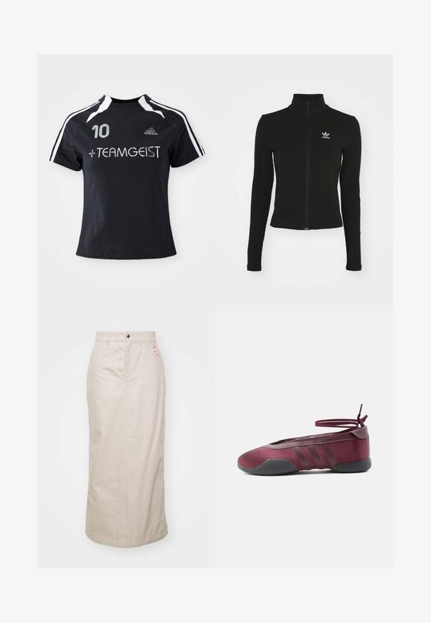Čierna zipsová bunda s dlhými rukávmi, vyrobená z textúrovaného materiálu, s malým modrým logom Adidas na ľavej hrudi.; Čierny dres s krátkymi rukávmi a bielymi pruhmi, má vyšitú číslicu "10" a " + TEAMGEIST " vpredu. Vyrobený z mäkkého a priedušného materiálu.; Béžová sukňa s pruhmi a vysokým pásom, skrytý zips a kovové zapínanie na gombík. Obsahuje malú značkovú etiketu na prednej strane.; Burgundské balerínky s čiernou podrážkou, elastickými remienkami na členku zviazanými do mašle a prešívanými detailmi na bokoch, zobrazené z vonkajšej strany.