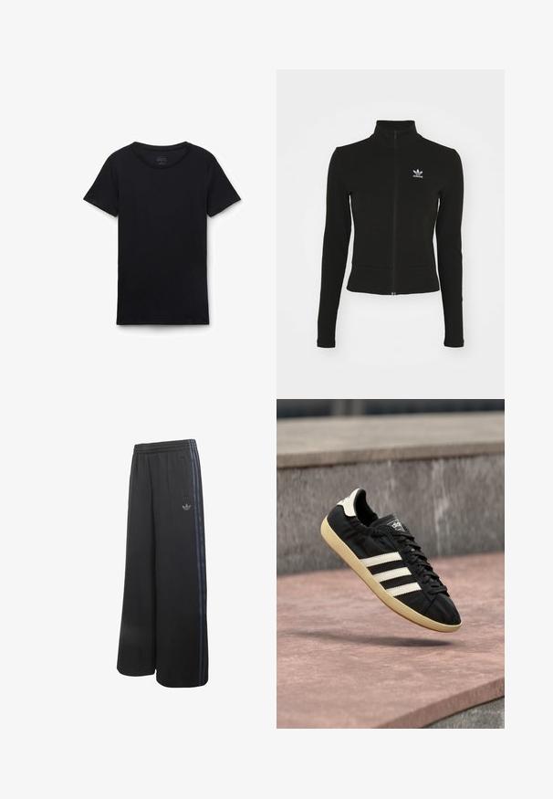 Sort zip-up jakke med lange ærmer, lavet af tekstureret materiale, med et lille blåt Adidas-logo på venstre bryst.; Sort t-shirt med korte ærmer og rund hals lagt fladt på hvid baggrund, der viser forfra og glat stoftekstur.; Sorte bukser med vide ben, elastisk talje, sidelommer og tre mørkeblå striber ned langs siderne med Adidas-logo på det ene ben.; Sort Adidas sneaker med hvide striber og beige sål, fanget i luften over en stenet overflade og baggrund af en stenmur.