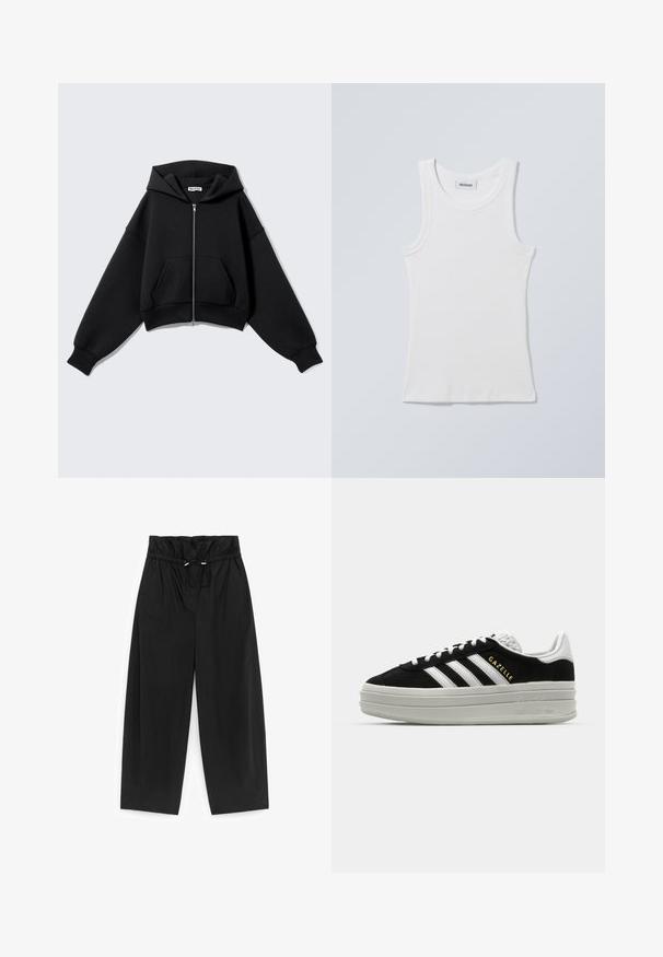 Sweat à capuche noir court en tissu doux, doté d'une fermeture éclair frontale, de grandes poches, d'une capuche et de manches oversize pour une coupe décontractée.; Débardeur en coton blanc avec un col rond et des bretelles larges. Présente une texture côtelée et un ourlet droit. Étiquette affichée sur le col.; Pantalon noir à jambes larges avec une taille haute élastique et une fermeture à cordon réglable, en tissu lisse.; Baskets en daim noir avec des accents en cuir blanc, trois rayures blanches, lacets plats et une semelle épaisse en gris. Marquage doré "Gazelle".