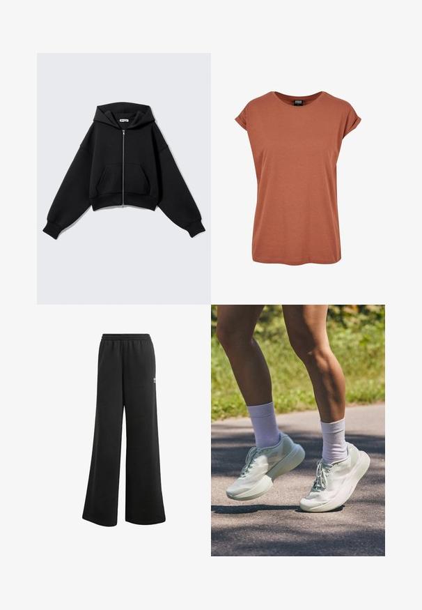 Zwarte cropped hoodie van zachte stof, met een rits aan de voorkant, grote zakken, een capuchon en oversized mouwen voor een ontspannen pasvorm.; Roestkleurig T-shirt met korte mouwen, gemaakt van zachte stof, met een ronde halslijn en opgerolde mouwen, voorzien van een rechte zoom en een ontspannen pasvorm.; Zwarte wijde sweatpants met een elastische tailleband. Gemaakt van zachte stof, met een klein wit logo aan de zijkant.; Licht mintgroene sportschoenen met een gladde textuur, ronde neus en een dikke zool. Gecombineerd met witte enkelsokken, alhoewel ze in beweging zijn op een pad.
