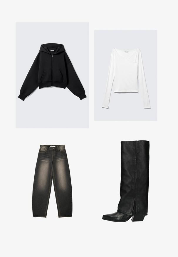 Zwarte cropped hoodie van zachte stof, met een rits aan de voorkant, grote zakken, een capuchon en oversized mouwen voor een ontspannen pasvorm.; Witte long-sleeve top met een crossover ontwerp en een zak. Gemaakt van een gladde, rekbare stof. Geknipt in een casual, relaxte pasvorm.; Grijze spijkerbroek met wijde pijpen en een lichte vervaging, vijf zakken, contrasterende stiksels en een relaxte pasvorm. Geen zichtbare patronen of versieringen.; Hoge zwarte leren laarzen met een vierkante neus en een blokhak. Heeft een gladde textuur en een split aan de achterkant voor extra detail.