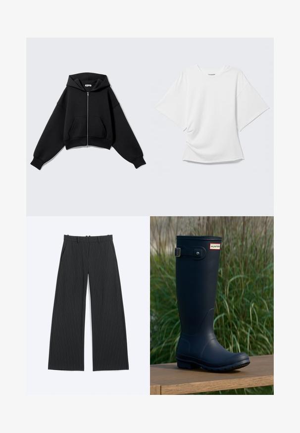 Sort cropped hættetrøje lavet af blødt stof, med forlynlås, store lommer, hætte og oversize ærmer for en afslappet pasform.; Hvid oversized T-shirt med korte ærmer og rund hals vist på en lysegrå baggrund.; Sorte vidde bukser med tynde hvide nålestriber, bæltestropper, forlommer og en skjult lukning foran.; Marine gummistøvle med rund tå, tekstureret overflade, justerbar spænde detaljer og Hunter-logo nær toppen. Stabilt sål med mønster.