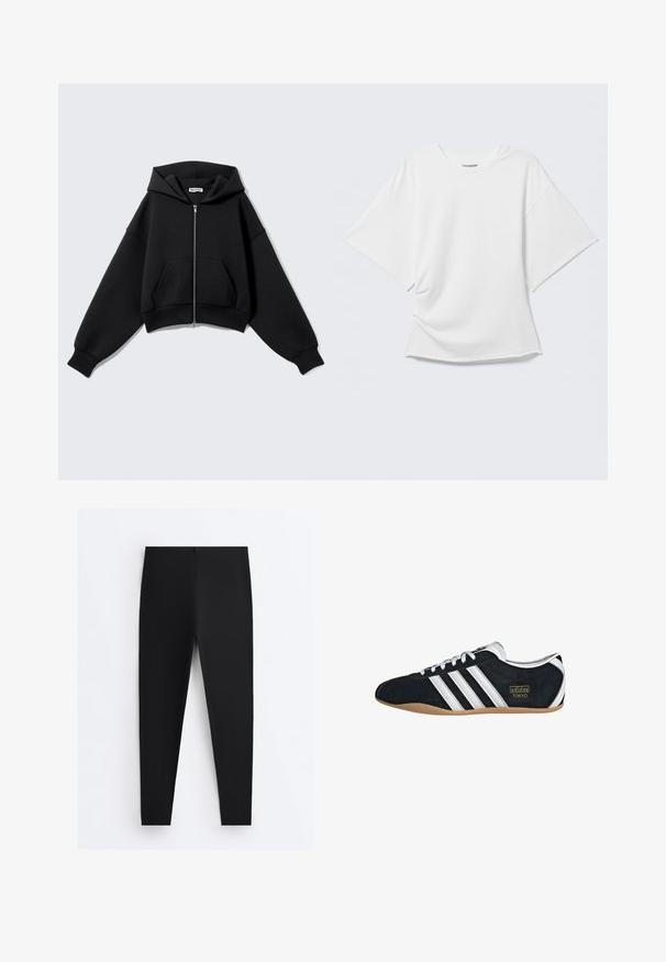 Schwarzer, gekürzter Hoodie aus weichem Stoff, mit einem Reißverschluss vorne, großen Taschen, einer Kapuze und übergroßen Ärmeln für eine entspannte Passform.; Weißes kurzärmeliges Oversized T-Shirt mit Rundhalsausschnitt, dargestellt vor hellem grauem Hintergrund.; Schwarze eng anliegende Leggings mit hohem Bund und glattem Stoff, flach auf einem weißen Hintergrund dargestellt.; Schwarze Wildledersneaker mit drei weißen Streifen, goldenem Logo und brauner Gummisohle. Merkmale ein niedrigprofiliertes Schnürdesign.