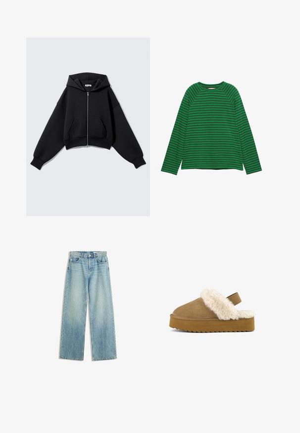 Sort cropped hættetrøje lavet af blødt stof, med forlynlås, store lommer, hætte og oversize ærmer for en afslappet pasform.; Langærmet skjorte med grønne og mørkebrune vandrette striber og rund hals, lagt fladt på en hvid baggrund.; Lyseblå denimjeans med bred bendesign, mellemhøj talje, fem lommer, kontrastsyninger og minimal lyseeffekt for et klassisk look.; Brune ruskinds slideslipper med fluffy cremefarvet faux fur kant, en tyk platformsål og en bagrem til støtte. Struktureret greb på sålen.