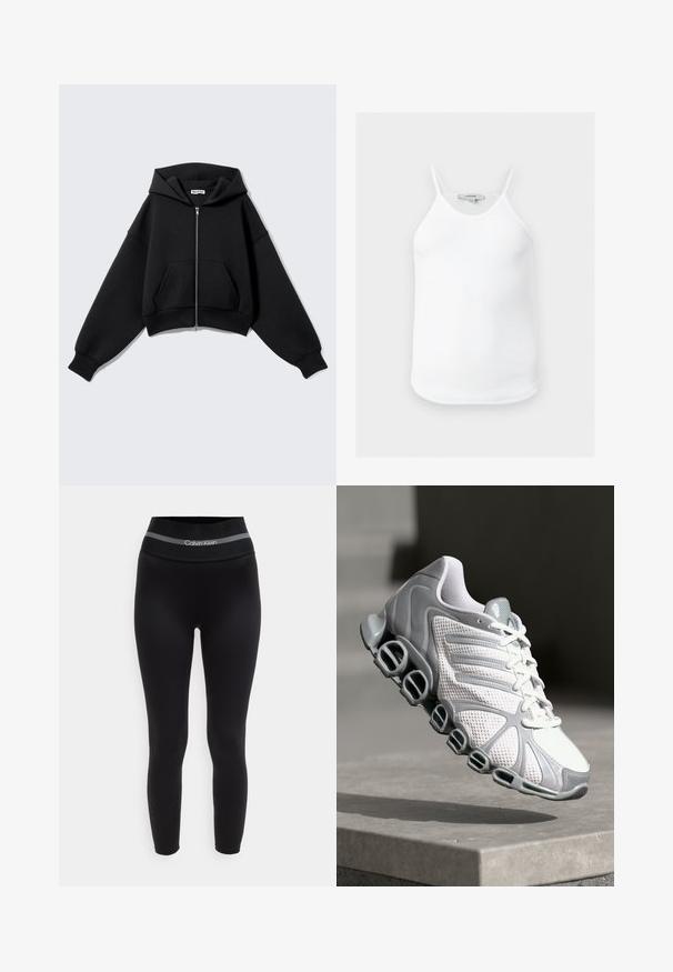 Μαύρο cropped φούτερ από μαλακό ύφασμα, με φερμουάρ μπροστά, μεγάλες τσέπες, κουκούλα και φαρδιά μανίκια για άνετη εφαρμογή.; Λευκή ριμπ μπλούζα χωρίς μανίκια με λεπτές τιράντες και στρογγυλεμένο τελείωμα, εμφανίζεται επίπεδη πάνω σε ουδέτερο φόντο.; Μαύροι αθλητικοί κολάν ψηλής μέσης με φαρδιά μέση που διαθέτει γκρι ρίγα και λευκό λογότυπο Calvin Klein.; Αθλητικό παπούτσι με λευκό πλέγμα επάνω και γκρίζες λεπτομέρειες, με μοναδικό σχέδιο σόλας με κυκλικές διατρήσεις για βελτιωμένη απορρόφηση κραδασμών.