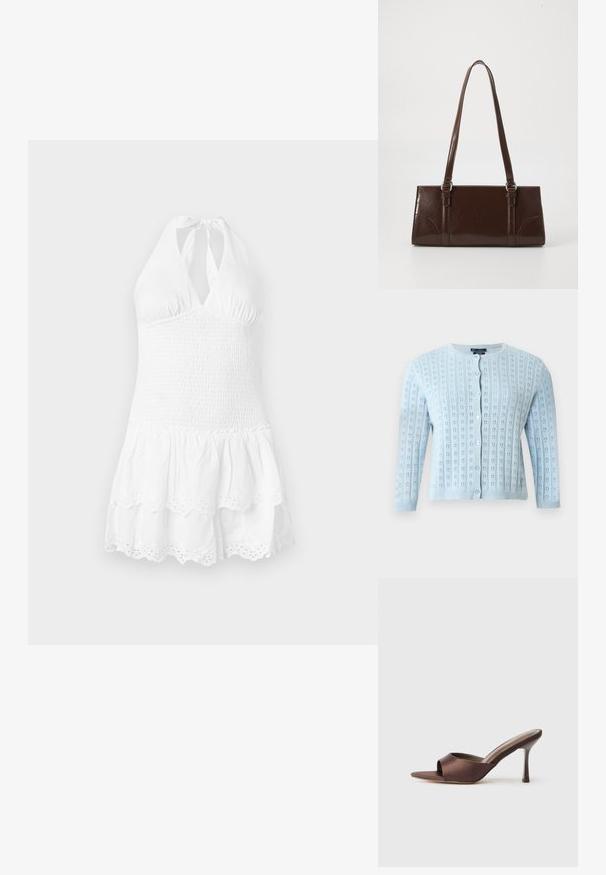 Lyseblå strikket cardigan med lange ærmer, rund halsudskæring, knaplukning foran og lille blomstermønster med åbne hulmønstre.; Hvid halterneck-kjole med en smocket bodice og lagdelt nederdel. Har en scalloped kant og øjelet detaljer nederst. Blød bomuldsstruktur.; Brune satin åben tå mule med en mellemhøj slank hæl og slip-on design på en ensfarvet hvid baggrund.; Brun lakeret håndtaske med rektangulær form, to lange håndtag og subtile buede detaljer på fronten.