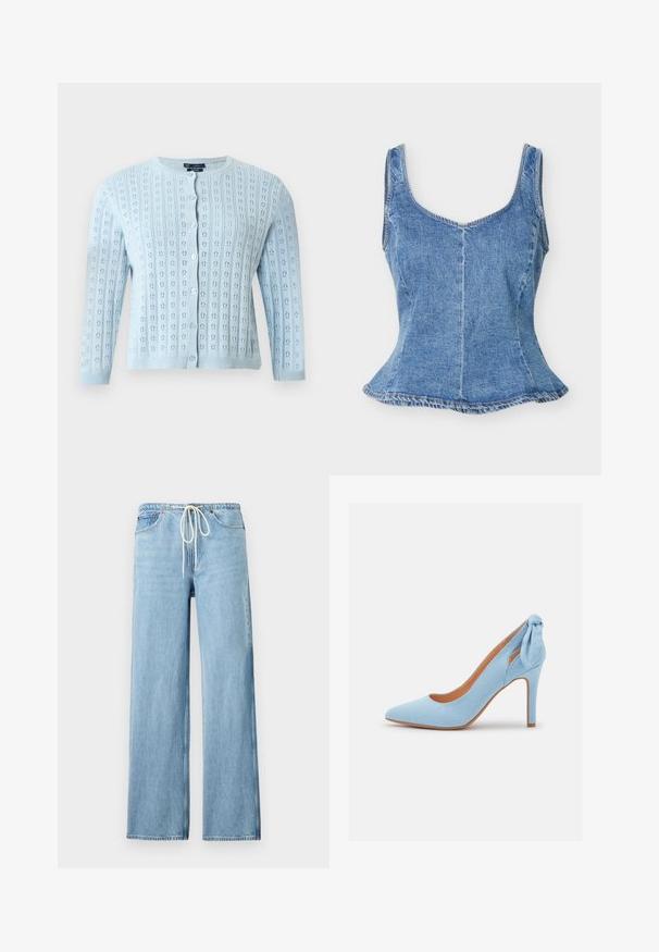 Lyseblå strikket cardigan med lange ærmer, rund halsudskæring, knaplukning foran og lille blomstermønster med åbne hulmønstre.; Blå denim ærmeløs tætsiddende top med rund halsudskæring og let udvidet kant, vist på hvid baggrund.; Lyseblå denimjeans med vide ben, elastisk talje, hvid snor til bindebånd og forlommer på hvid baggrund.; Lysblå ruskind højhælede sko med spids tå og en lille sløjfeaccent bagpå. Har et strømlinet design og tan sål.