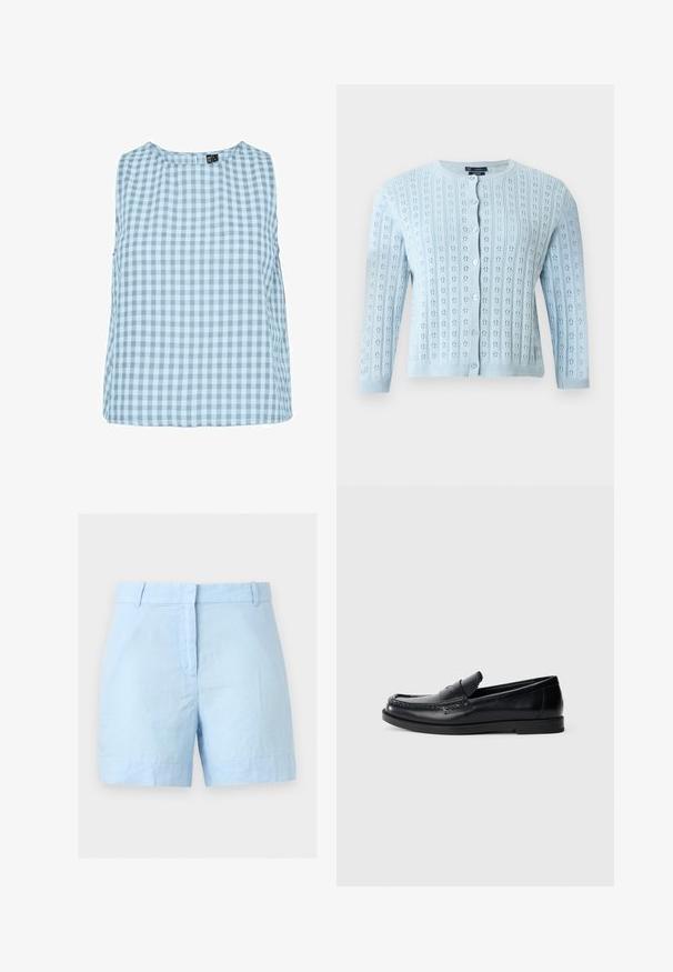 Cárdigan de punto azul claro con mangas largas, cuello redondo, cierre frontal con botones y pequeño patrón calado floral.; Top sin mangas en gingham azul claro con escote redondo y corte relajado. Confeccionado en una suave tela texturizada con un patrón de cuadros.; Pantalones cortos azul claro de talle alto con trabillas para cinturón, cremallera frontal y dobladillo confeccionado, mostrados sobre un fondo blanco liso.; Mocasines de cuero negro con un diseño de acento cosido, punta redonda, suela de goma plana y un acabado suave. Silueta clásica y versátil.