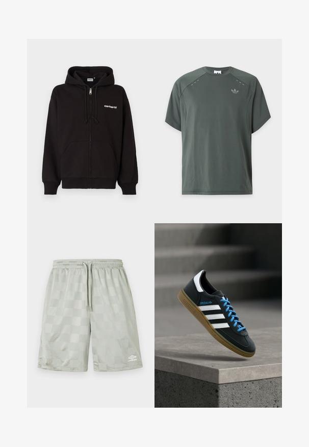 Sort hoodie med lynlås, lavet af bomuldsblanding, med snøre i hætten, kængurulommer, ribbet kant ved ærmerne og hvidt logo på venstre bryst.; Mørkegrøn T-shirt med korte ærmer, rund halsudskæring og lille Adidas-logo på venstre bryst mod en ensfarvet lys baggrund.; Umbro FOOTBALL SHORT - Træningsbukser - harbor mist; Sort Adidas sneaker med hvide striber, blå snørebånd og gummisål, der svæver over gråt betontrin i blødt lys.