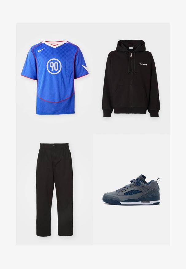 Zwarte hoodie met rits gemaakt van een katoenmix, met een capuchon met trekkoord, kangoeroezakken, geribbelde boorden en een wit logo op de linkerborst.; Blauw Nike voetbalshirt met een geruit patroon, korte mouwen, v-hals ontwerp, witte accenten en een centrale ronde '90'-grafiek.; Zwarte broek van gladde stof, met knoopsluiting, rechte snit en twee voorplooien voor extra detail.; Sportieve sneaker in middengrijs en marineblauw met mesh zijpaneel, vetersluiting aan de voorkant, gevoerde kraag en zichtbaar luchtkussen in de zool.