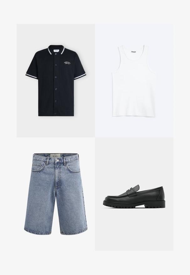 Schwarzes kurzärmeliges Poloshirt mit weißen Streifen am Kragen und an den Ärmeln sowie dem Schriftzug „Lindbergh Beach & Resort Club“ auf der Brust.; Weißes ärmelloses Tanktop mit rundem Ausschnitt und Weekday-Markenetikett auf der Innenseite des hinteren Kragens, flach auf hellem Hintergrund dargestellt.; Hellblaue Jeansshorts mit Fronttaschen, Gürtelschlaufen, Knopfverschluss und einem Etikett im Taillenbund mit der Aufschrift "REBEL".; Schwarze Lederloafer mit runder Zehenform, ausgestattet mit einem gesteppten Design, niedrigem Plattformsohle und einer strukturierten, genoppten Gummisohle.