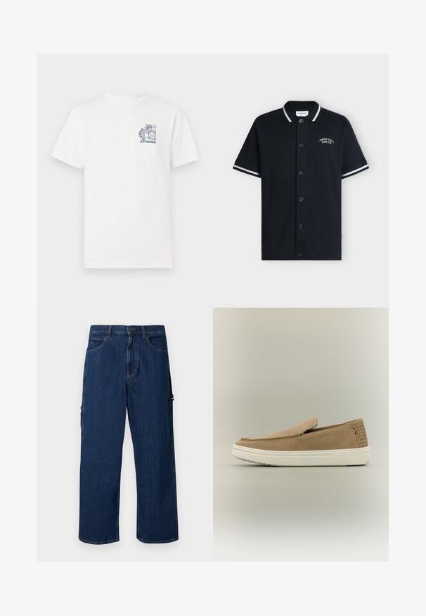 Sort kortærmet poloshirt med hvide striber på krave og ærmer samt teksten "Lindbergh Beach & Resort Club" på brystet.; Hvid t-shirt med korte ærmer lavet af bomuld, med et blåt grafisk motiv på brystet af en vaskebjørn ved siden af en skraldespand og teksten "STANCE."; Mørkeblå denim cargo bukser med en løs pasform, der har sidelommer, lige ben og synlige sømme langs sømmene.; Beige ruskind slip-on sneaker med hvid gummisål, perforeret hælpanel og lille rød, hvid og blå flagdetalje på siden.