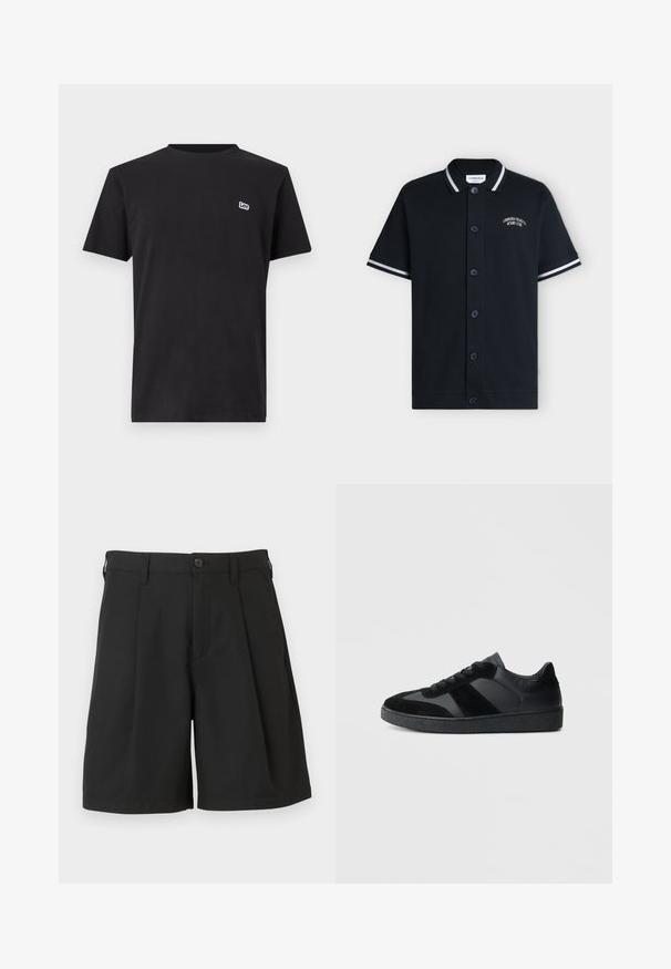 Polo noir à manches courtes avec boutons, rayures blanches sur le col et les manches, et inscription "Lindbergh Beach & Resort Club" sur la poitrine.; T-shirt noir à manches courtes avec col rond et petit logo blanc "Lee" sur le côté gauche de la poitrine, sur un fond uni.; Shorts noirs en tissu lisse, avec une coupe structurée, des plis à l'avant et une fermeture par un bouton unique à la taille.; Baskets noires combinant cuir lisse et daim, avec une semelle en caoutchouc noire texturée et un détail de rayures discrètes.