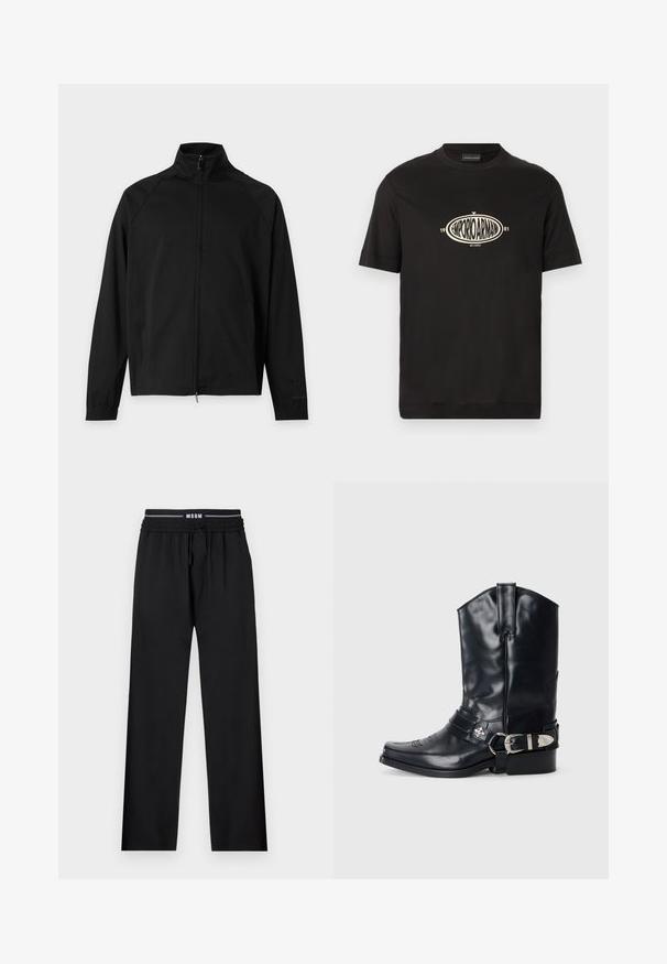 Veste noire à manches longues avec fermeture éclair intégrale à l’avant, col montant, poignets élastiques et poches latérales, présentée sur un fond blanc uni.; T-shirt noir à manches courtes avec col rond, arborant au centre un logo ovale portant l'inscription "EMPORIO ARMANI 1981 MILANO" en lettres beige.; Pantalons noirs à coupe décontractée, taille élastique, cordon de serrage ajustable et poches latérales. Fabriqués en tissu lisse sans motifs.; Botte de cowboy en cuir noir avec un bout pointu, une tige haute, des coutures décoratives et une quincaillerie en argent sur la sangle. Fini texturé.