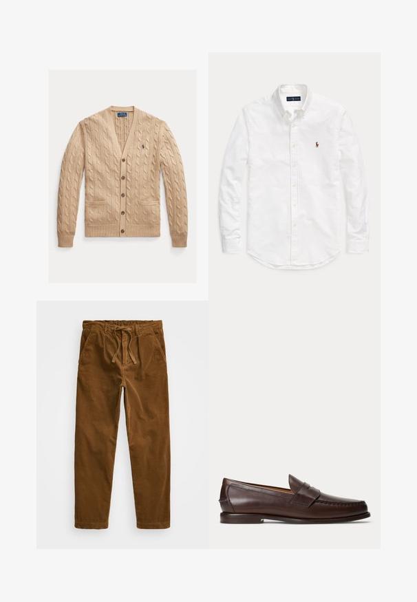 Beiger Grobstrick-Cardigan mit V-Ausschnitt, vorderen Taschen und Knöpfen. Gerippte Bündchen und Saum mit kleinem Logo auf der Brust.; Weißes, langärmliges Hemd mit Knopfleiste und Kragen sowie kleinem, gesticktem Logo auf der linken Brust, flach auf einem einfarbigen Hintergrund liegend.; Braune Cordhosen mit einem elastischen Bund und Zugband, seitlichen Taschen und geraden Beinen mit strukturiertem Rippenmuster.; Dunkelbrauner Leder-Pennyloafer mit Nahtdetails und niedrigem gestapeltem Absatz, seitlich auf einfachem Hintergrund gezeigt.