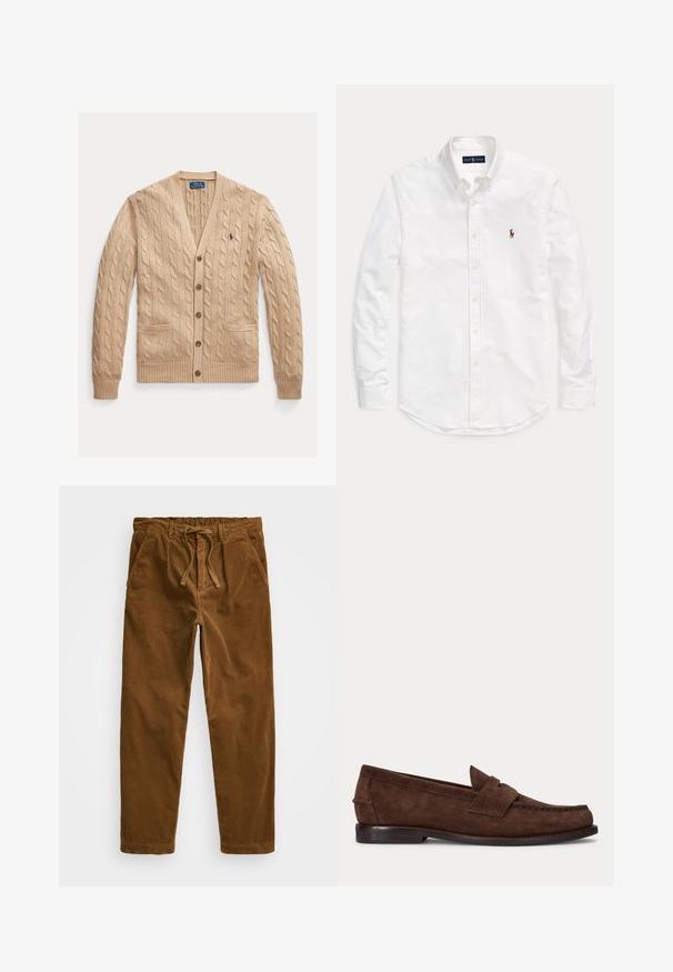 Beige kabelstrikket cardigan med V-hals, forlommer og knapper. Ribbet manchetter og kant med et lille logo på brystet.; Hvid skjorte med lange ærmer, knapper og krave med lille broderet logo på venstre bryst, lagt fladt på ensfarvet baggrund.; Brune corduroy bukser med en elastisk talje med snøre, sidelommer og lige ben med tekstureret ribbing.; Brun ruskind penny loafer med lav hæl og synlig syning langs tåen, siden og bagpå, vist på ensartet lys baggrund.