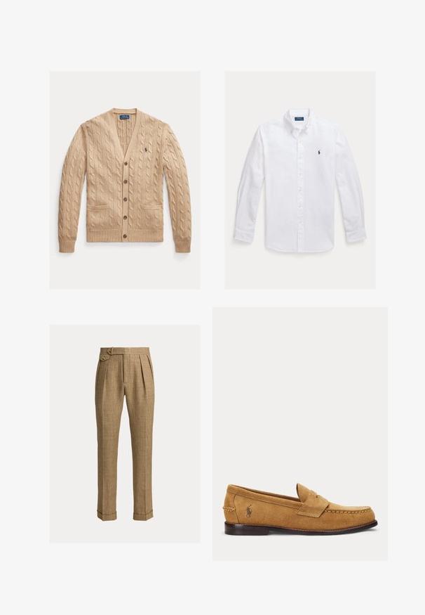 Beige kabelstrikket cardigan med V-hals, forlommer og knapper. Ribbet manchetter og kant med et lille logo på brystet.; Hvid, langærmet skjorte med knapper og spids krave, med en lille marineblå logo på venstre bryst og gule knapper. Glat stoftekstur.; Brune ternede bukser med høj talje, plisseringer, sidelommer, knaplukket sidelukning, manchetter og skræddersyede lige ben.; Lysebrun ruskind loafer med syede detaljer og lille broderet hestelogo på siden, med lav træhæl og slip-on design.