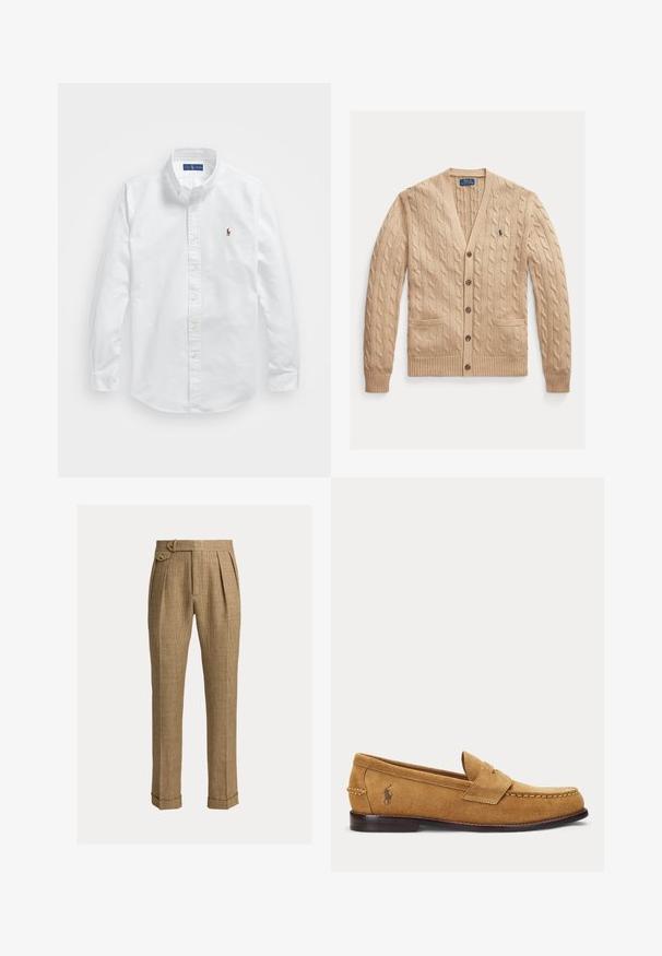 Beiger Grobstrick-Cardigan mit V-Ausschnitt, vorderen Taschen und Knöpfen. Gerippte Bündchen und Saum mit kleinem Logo auf der Brust.; Weißes Baumwollhemd mit Knopfverschluss, klassischem Kragen, langen Ärmeln und einem kleinen gestickten Logo auf der linken Brust.; Braune karierte Hose mit hohem Bund, Falten, Seitentaschen, geknöpftem Seitentab, umgeschlagenen Säumen und maßgeschneiderten geraden Beinen.; Hellbrauner Veloursleder-Slipper mit genähten Details und kleinem besticktem Pferde-Logo an der Seite, mit niedrigem Holzabsatz und Schlupf-Design.