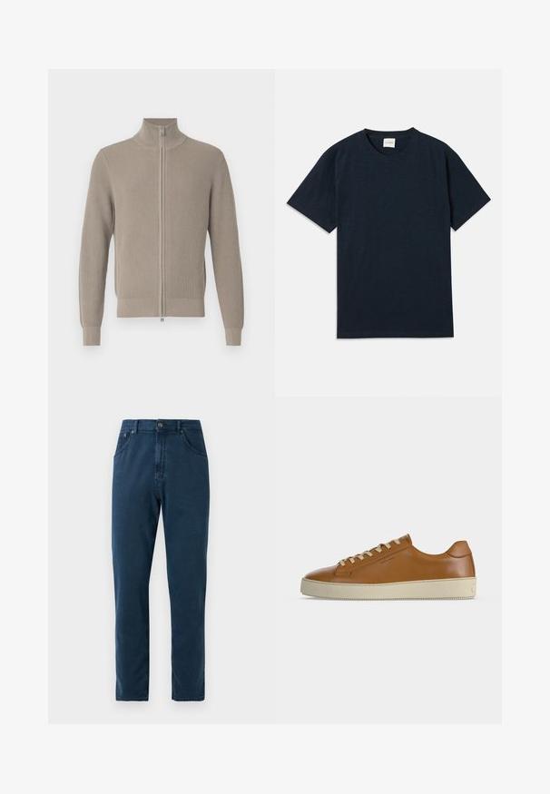Pull côtelé beige avec un col haut et une fermeture éclair avant. Il comporte des manches longues et une finition texturée, idéal pour superposer.; T-shirt à manches courtes en bleu marine uni avec un petit logo embossé près de l'ourlet inférieur.; Jean droit bleu marine avec boutons à l'avant, passants de ceinture et coutures visibles sur les poches et les coutures.; Baskets basses en cuir marron avec lacets crème et semelle épaisse en caoutchouc crème, vues de profil sur fond blanc.