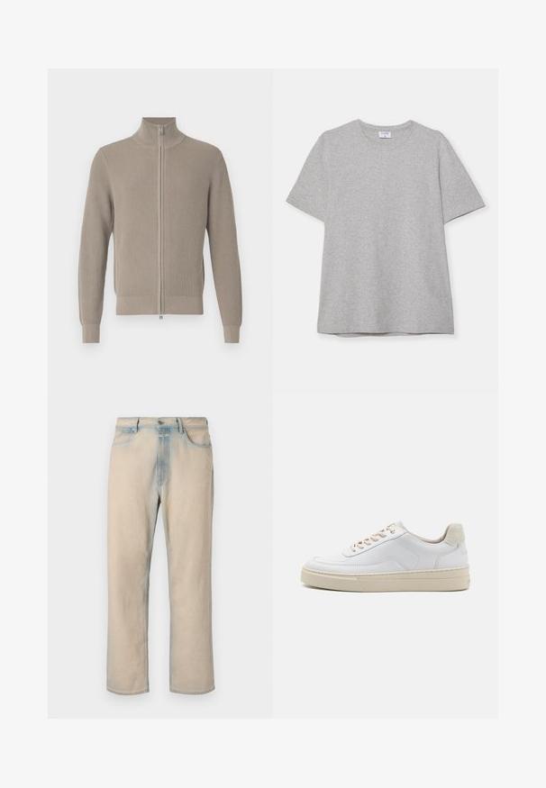 Beiger, gerippter Pullover mit hohem Kragen und Reißverschluss vorne. Verfügt über lange Ärmel und eine strukturierte Oberfläche, eignet sich gut zum Schichten.; Graues T-Shirt mit kurzen Ärmeln aus weichem, strukturiertem Stoff. Verfügt über einen klassischen Rundhalsausschnitt und einen geraden Saum, geeignet für legere Trageanlässe.; Helle beige Jeans aus Denim mit geradem Bein, verblassten blauen Akzenten, fünf Taschen und einem Knopfverschluss an der Taille.; Weiße Sneaker mit einem glatten Lederobermaterial, beigen Schnürsenkeln und einer strukturierten, beigen Wildleder-Fersenschlaufe. Erhöhte Sohle für zusätzlichen Komfort.