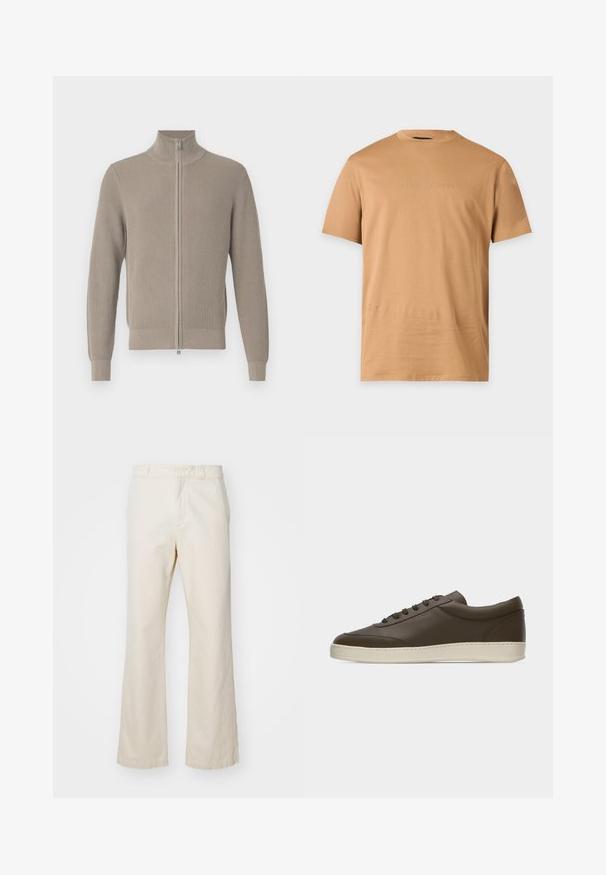 Pull côtelé beige avec un col haut et une fermeture éclair avant. Il comporte des manches longues et une finition texturée, idéal pour superposer.; T-shirt uni marron clair à manches courtes, col rond et texte en relief subtil "EMPORIO ARMANI" sur la poitrine.; Pantalons en coton beige à coupe droite, dotés d'une fermeture éclair et d'un bouton à l'avant, d'une texture lisse et d'un style minimaliste.; Baskets basses en cuir marron foncé avec lacets sur le devant et semelle en caoutchouc couleur crème, vues de côté extérieur sur fond blanc.