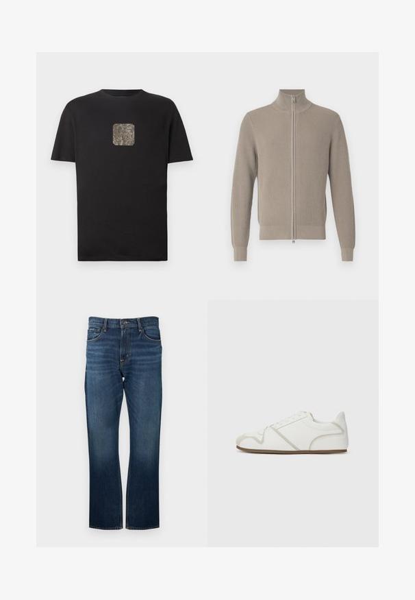 Beiger, gerippter Pullover mit hohem Kragen und Reißverschluss vorne. Verfügt über lange Ärmel und eine strukturierte Oberfläche, eignet sich gut zum Schichten.; Schwarzes Baumwoll-T-Shirt mit einem quadratischen, goldenen, mit Nieten besetzten Design auf der Vorderseite. Kurze Ärmel, Rundhalsausschnitt und entspannter Schnitt.; Dunkelblaue Jeans aus Denim mit geradem Bein, sichtbaren Nähten und einem normalen Bund mit Metallknopfverschluss.; Weißer Sneaker mit einem glatten Obermaterial aus Stoff, beigefarbenen Akzenten, einer runden Zehenpartie und einer Gummisohle. Verfügt über ein Schnürdesign und seitliche Nähte.
