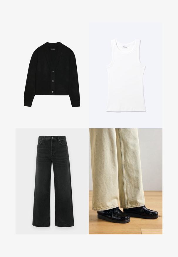 Even&Odd by Zalando Cardigan - black; Hvid ærmeløs ribstrikket top med rund halsudskæring og en lille label med teksten "WEEKDAY" indeni kraven.; Sorte denimjeans med brede ben, høj talje, forlommer og klassisk knaplukning. Stoffet har en glat, let struktureret finish.; Sorte patenterede lædersko med en tekstureret platformssål, der har snørebåndsdesign og sy detaljer. Båret med lysebeige brede bukser.