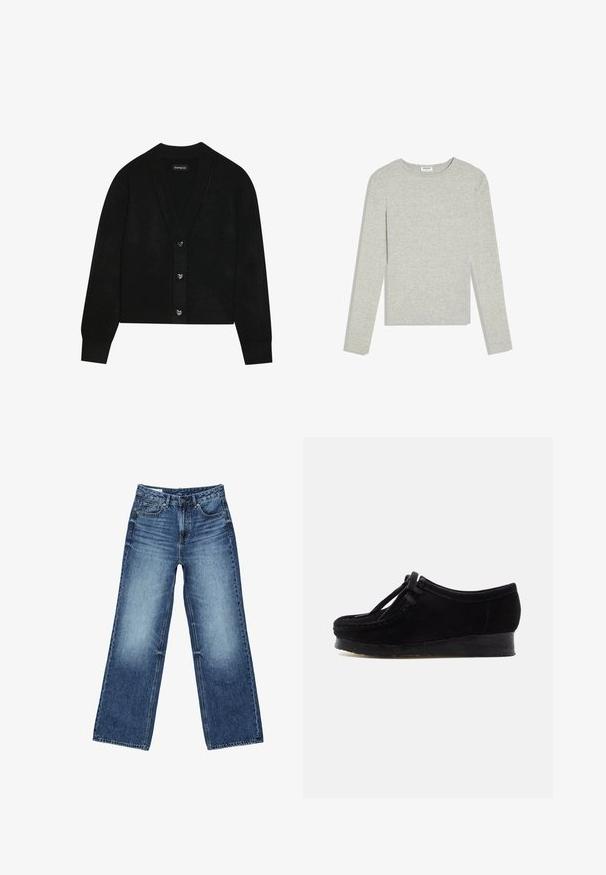 Even&Odd by Zalando Kardigán - black; Svetlosivé tričko s dlhým rukávom a okrúhlym výstrihom, slim fit a bez viditeľných vzorov či log, položené na bielom pozadí.; Modré džínsy s širokými nohavicami, s prednými a mincovými vreckami, zapínaním na gombíky a vyblednutým efektom na stehnách a kolenách.; Čierne semišové topánky s zaoblenou špičkou, prešívaním na prednej časti a šnurovaním. Obsahujú nízku gumovú podrážku pre zvýšený komfort.