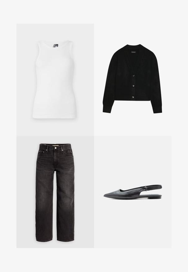 Even&Odd by Zalando Kardigán - black; Biely rebrovaný top bez rukávov s okrúhlym výstrihom, vyrobený z jemného bavlneného zloženia s priliehavým strihom.; Levi's® BAGGY DAD - Džínsy baggy - shrink up; Čierna kožená špicatá dámska obuv s plochou podrážkou, nízkym podpätkom a nastaviteľným remienkom na svetlom pozadí.