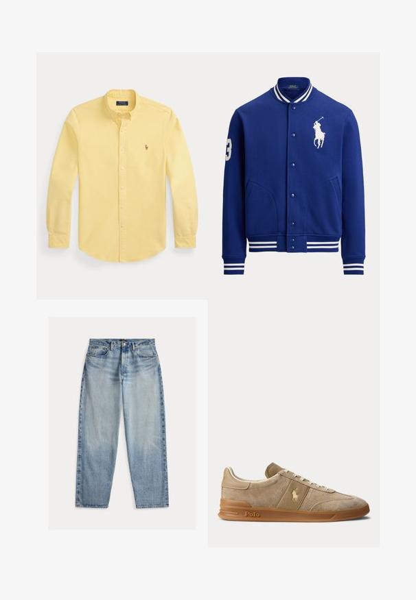 Blaue Jacke im Varsity-Stil mit weiß gestreiftem Kragen, Bündchen und Saum, mit weißem Polospieler-Logo auf der Brust und der Nummer 3 auf dem Ärmel.; Gelbes langärmliges Hemd mit Knöpfen und Kragen sowie kleinem besticktem Logo auf der linken Brust, flach auf weißem Hintergrund gelegt.; Hellblaue Jeans aus Denim mit lockerem Schnitt. Sie haben eine hohe Taille, fünf Taschen und sichtbare Nähte. Die Oberfläche ist leicht strukturiert.; Beiger Wildleder- und Leder-Low-Top-Sneaker mit Gummisohle, weißen Schnürsenkeln und Polo-Logo an der Seite und an der Sohle.