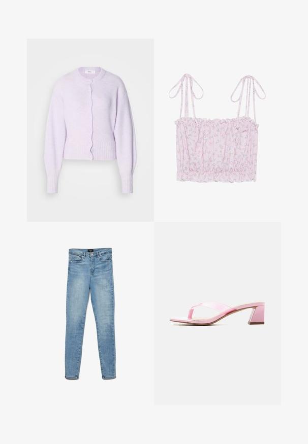 Lichtpaarse, cropped cardigan gemaakt van zacht materiaal. Heeft een ronde halslijn, geribbelde manchetten en een knoopsluiting aan de voorkant met gegolfde randen.; Roze bloemen cropped top met gerafelde zoom en verstelbare spaghettibandjes, gemaakt van een lichte, gestructureerde stof met kleine bloemenpatronen.; Lichtblauwe vervaagde skinny jeans met een knoopsluiting aan de voorkant en vijf zakken, plat gelegd op een witte achtergrond.; Roze open-toe sandaal met transparante bandjes en blokhak tegen een effen witte achtergrond.
