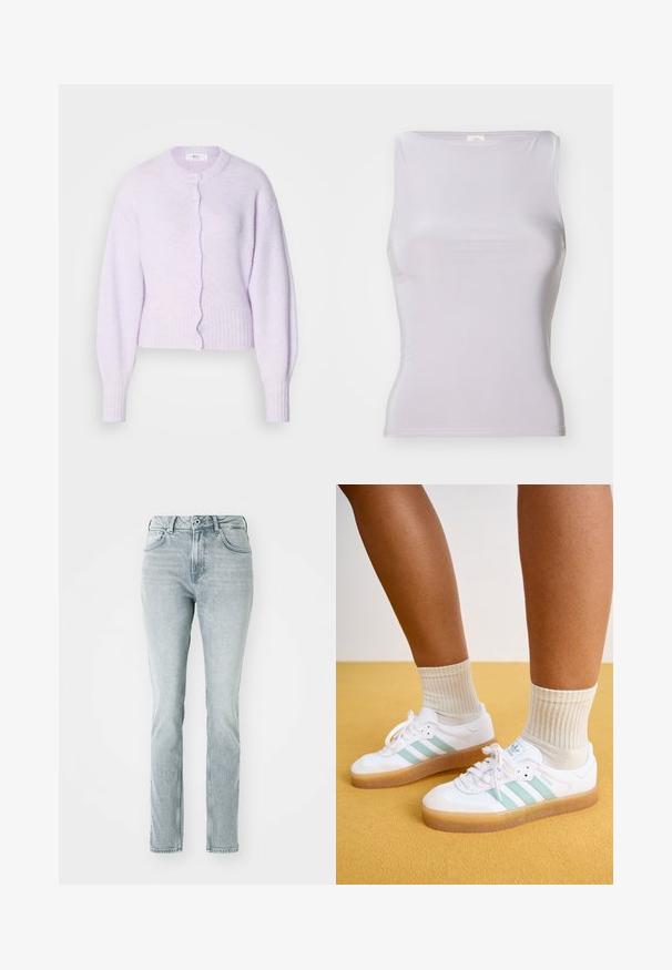 Cardigan court couleur lavande, confectionné dans un matériau doux. Il présente un col rond, des poignets côtelés, et une fermeture boutonnée à l'avant avec des bords festonnés.; BDG Urban Outfitters LIA - Débardeur - grey; Jeans en denim bleu clair avec une coupe droite, taille haute, poches avant et finition délavée. Dotés de passants de ceinture et d'une fermeture à bouton.; Baskets blanches avec des rayures vert menthe, semelle en caoutchouc et lacets, associées à des chaussettes crème à côtes. Sur fond jaune.