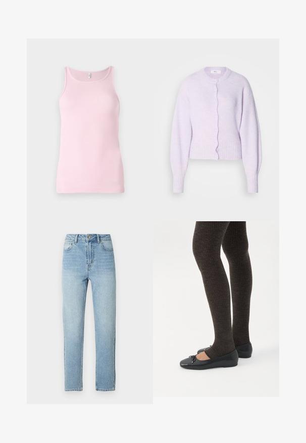 Lyse lilla, kort cardigan lavet af blødt materiale. Har en rund halsudskæring, ribstrikkede manchetter og en knaplukning foran med bølgede kanter.; Lyserød ribbet tanktop med rund halsudskæring og ærmeløs design. Stofstrukturen erglat og tætsiddende med en pæn kant.; Lyseblå denimjeans med lige ben, fem-lomme-design, metalknaplukning og diskrete slidningsdetaljer foran.; Ben iført mørke ribbede leggings kombineret med sorte balletsko med små sløjfedetaljer på hvid baggrund.