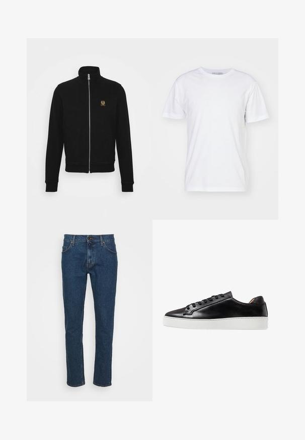 Schwarze Zip-Jacke aus weichem Material mit hohem Kragen, gerippten Bündchen und einem kleinen goldenen Logo auf der linken Brust.; Weißes Baumwoll-T-Shirt mit Rundhalsausschnitt, kurzen Ärmeln und geradem Schnitt. Keine Muster oder Verzierungen, glatte Textur und schlichtes Design.; Tiger of Sweden PISTOLERO - Jeans Straight Leg - medium blue; Schwarze Leder-Sneaker mit glatter Oberfläche, ausgestattet mit einer weißen Gummisohle, Schnürverschluss und minimalistischen Designelementen.