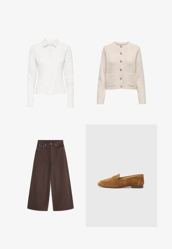 Lys beige cardigan lavet af tekstureret stof, med rund halsudskæring, syv store knapper og to forlommer.; Langærmet hvid polo t-shirt med tre knapper, blødt tekstureret stof og klassisk krave, vist frontalt på en ensfarvet baggrund.; Brune jeans med vidde ben og høj talje, med knap foran, lynlås og fem lommer, lagt fladt på hvid baggrund.; Brun loafer i ruskind med lav hæl, der har en dekorativ rem over vristen og en glat, struktureret finish.